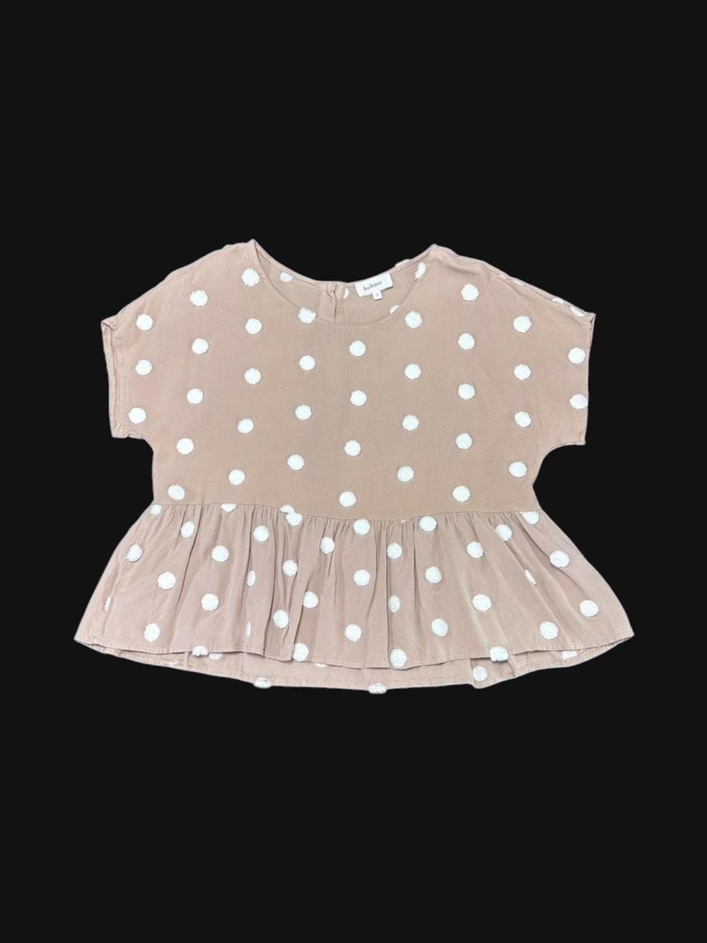 🌸 Boho Beige Pom Pom Peplum Top Sz S ✨ - Picture 1 of 7
